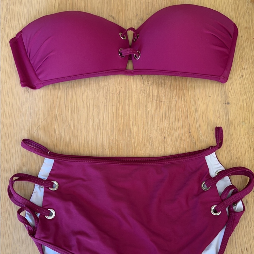 Two piece strapless top and high rise bottoms